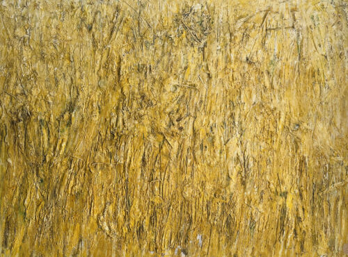 Leinwand mit warmer, texturierter Malerei in gelben und erdigen Tönen, entstanden durch expressive Pinselstriche und Farbaufträge, ideal für individuelle Auftragskunst und kreative Wandgestaltung.