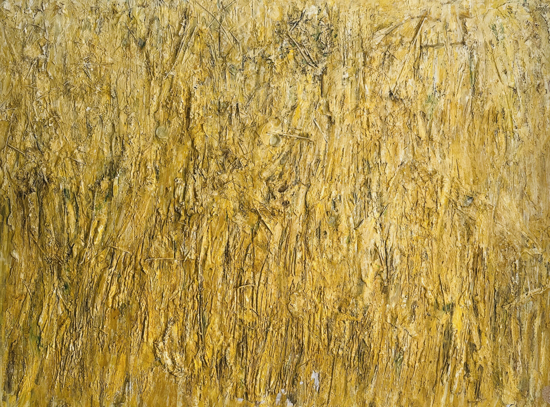 Leinwand mit warmer, texturierter Malerei in gelben und erdigen Tönen, entstanden durch expressive Pinselstriche und Farbaufträge, ideal für individuelle Auftragskunst und kreative Wandgestaltung.