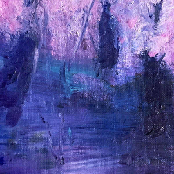 Farbenfrohe abstrakte Aquarellmalerei in Violett- und Blautönen, handgemalt auf Leinwand, geeignet als künstlerisches Wandbild für Wohnzimmer oder Büro.