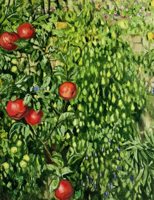 Apfelbaum mit reifen äpfeln, biodiverser garten mit grünem efeu und blühenden pflanzen, oil painting kunstwerk, auftragsmalerei von nikolaus kriese, expressionistische blumen- und naturmalerei.