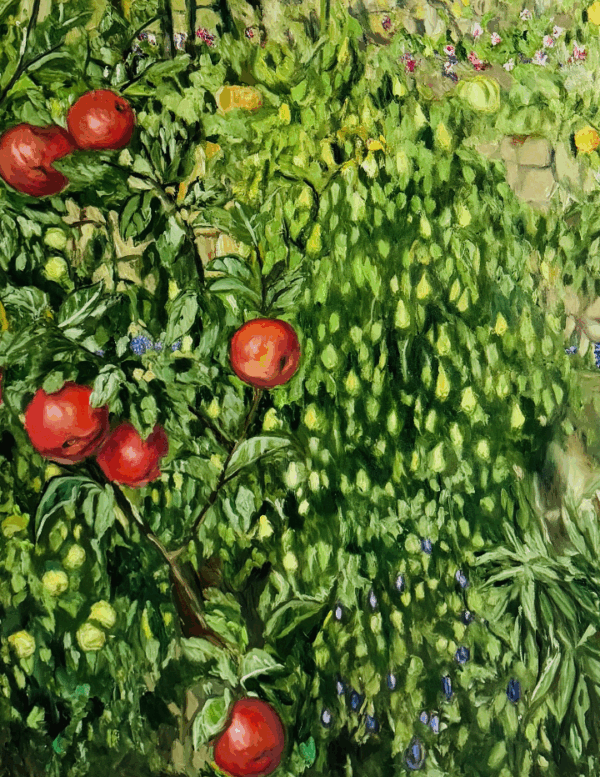 Apfelbaum mit reifen äpfeln, biodiverser garten mit grünem efeu und blühenden pflanzen, oil painting kunstwerk, auftragsmalerei von nikolaus kriese, expressionistische blumen- und naturmalerei.