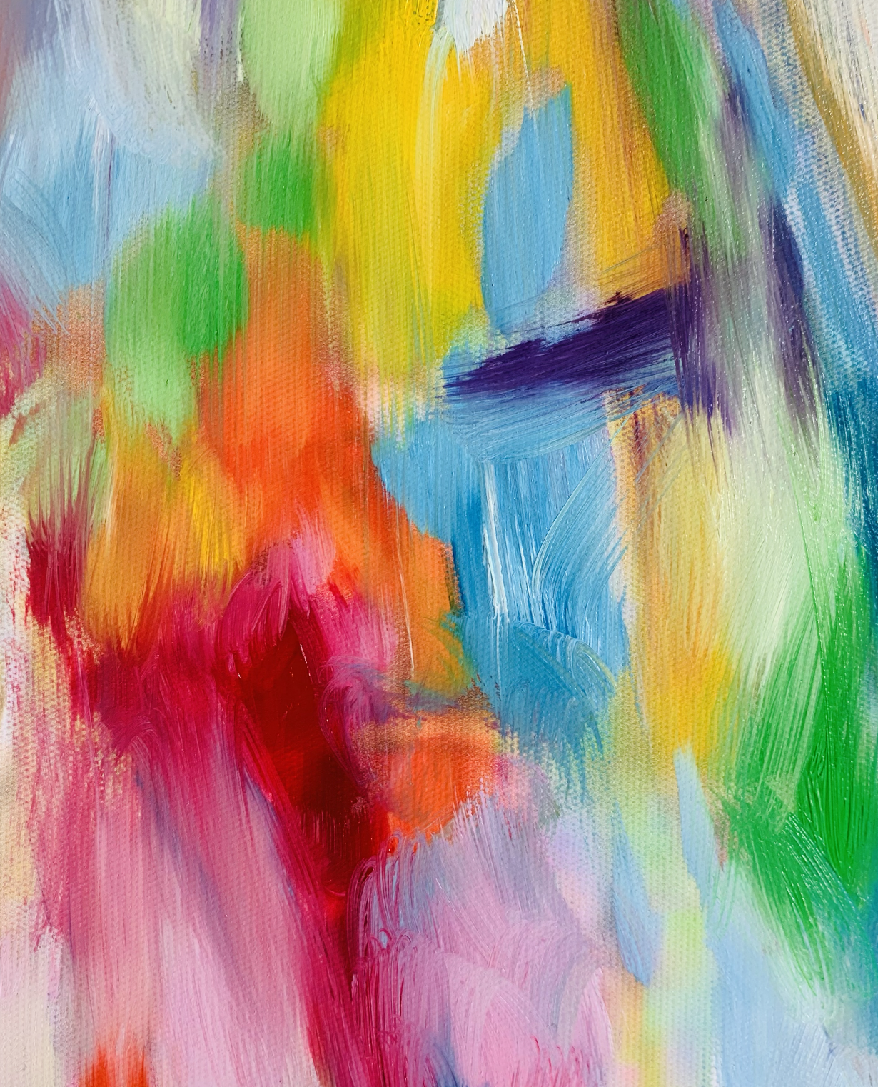 Farbenfrohe abstrakte Malerei mit lebendigen Pinselstrichen in Acryl, ideal für Auftragsmalerei und kreative Kunstwerke.