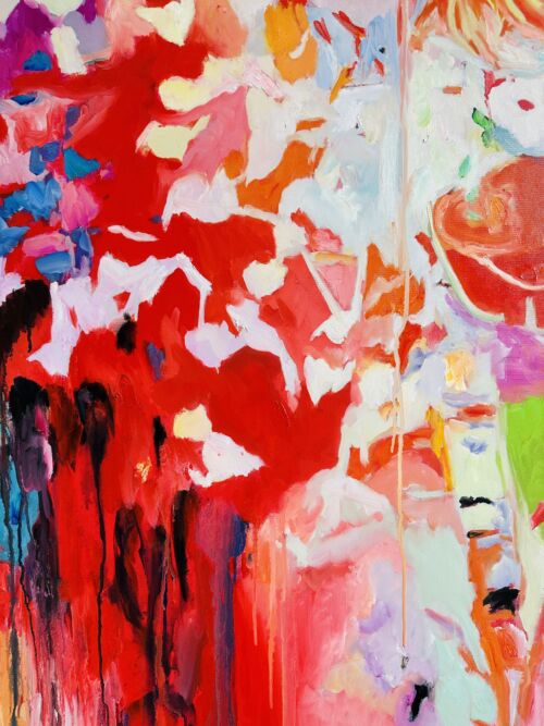 Farbenfrohe abstrakte Acrylmalerei mit leuchtenden Rot-, Rosa-, Orange- und Grüntönen, kreative Wandkunst, handgemalte Auftragsmalerei, moderne Kunstwerke von Nikolaus Kriese.