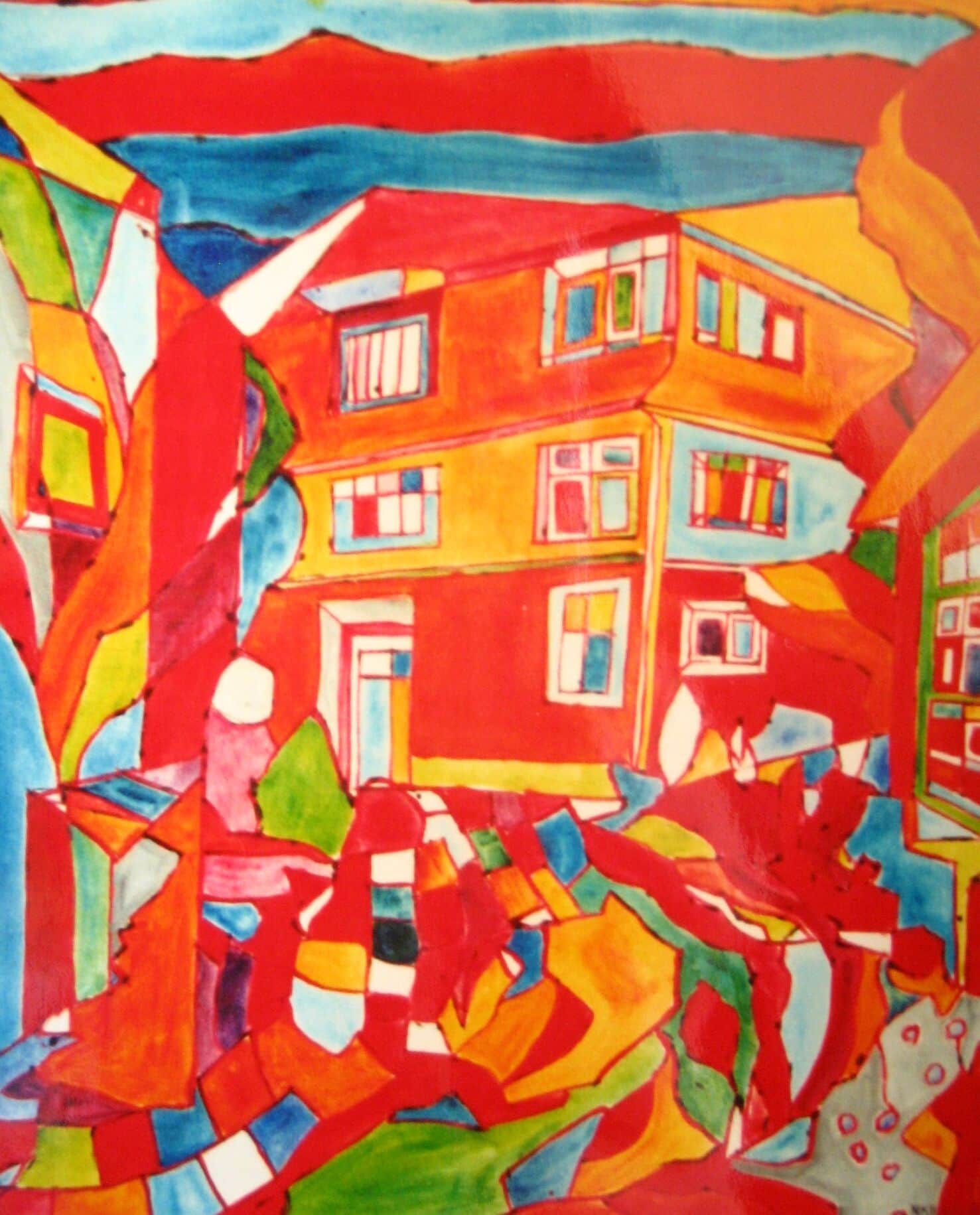 Lebendige moderne Malerei von Nikolaus Kriese mit bunten Häusern, abstrakten Elementen und expressive Farbgestaltung, ideal für Auftragsmalerei und kreative Kunstwerke.