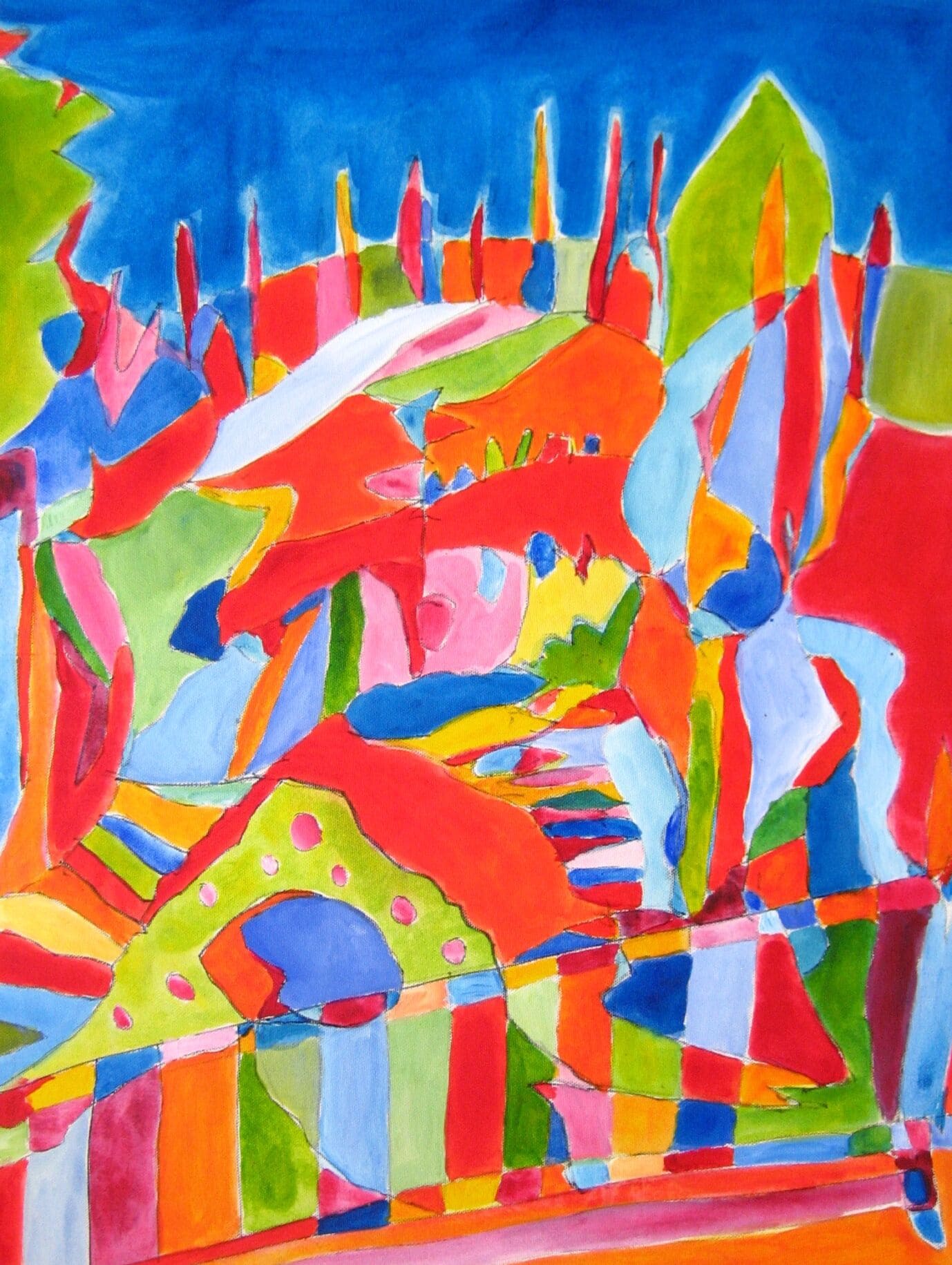 Farbenfrohe abstrakte Malerei mit kraftvollen Farben und expressivem Pinselstrich, ideal für Auftragsmalerei und künstlerische Wandgestaltung, hergestellt von Nikolaus Kriese.