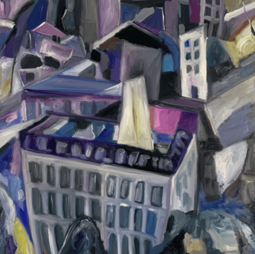 Farbenfrohe Aquarellmalerei von Müll und Alltagsgegenständen, abstraktes Kunstwerk mit urbanem Flair, einzigartige Auftragsmalerei von Nikolaus Kriese, kreative Wandgestaltung, modernes Kunstbild, künstlerische Interpretationen.