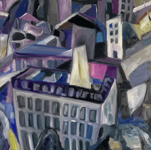 Farbenfrohe Aquarellmalerei von Müll und Alltagsgegenständen, abstraktes Kunstwerk mit urbanem Flair, einzigartige Auftragsmalerei von Nikolaus Kriese, kreative Wandgestaltung, modernes Kunstbild, künstlerische Interpretationen.