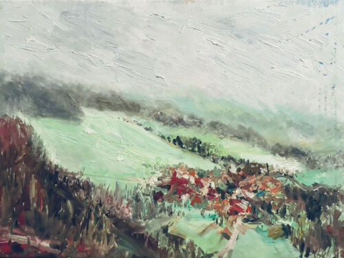 Frühlingsei Landschaftsmalerei, Öl auf Leinwand, im impressionistischen Stil, von Nikolaus Kriese.
