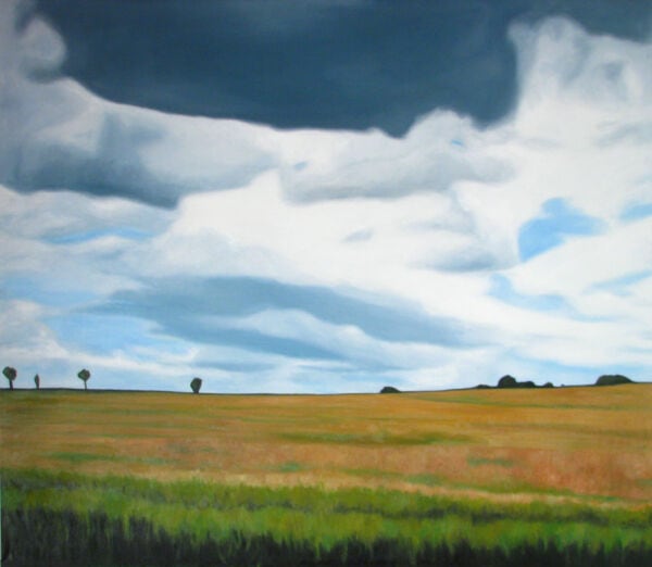 Himmel mit dunklen und weißen Wolken über einer weiten, grünen Landschaft, Ölmalerei, Landschaftsmalerei, Naturbild, Auftragsmalerei Nikolaus Kriese, künstlerische Darstellung.