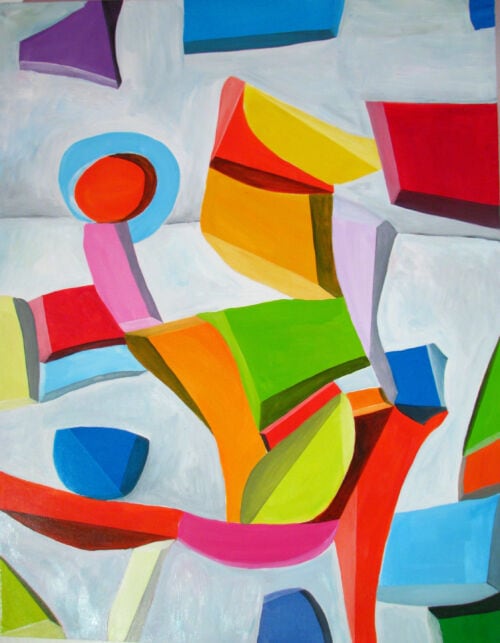 Farbenfrohe abstrakte Malerei mit geometrischen Formen und lebendigen Farben, Auftragsmalerei von Nikolaus Kriese.