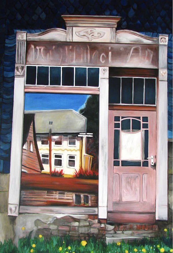 Gestaltete alte Haustür mit Fenster und Gartenblick, ausdrucksstarke Malerei in realistischer Stilrichtung.