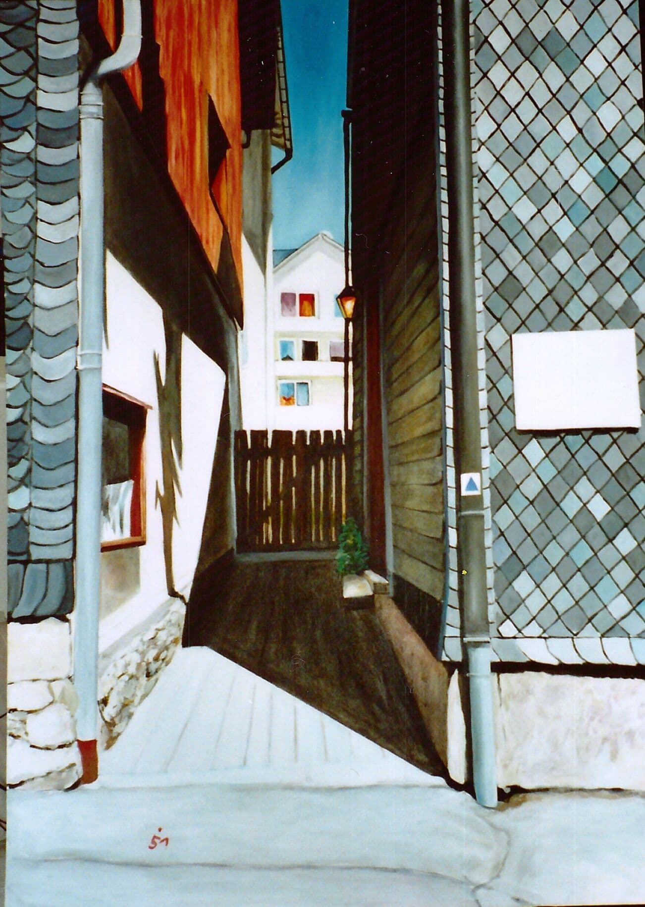 Farbiges urbanes Straßenszene-Malerei, detaillierte Fassaden und Gebäudestruktur, Realistische Auftragsmalerei, Künstlerin Nikolaus Kriese.