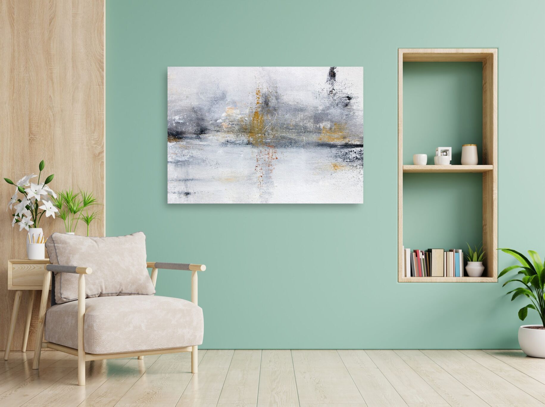 Abstrakte moderne Wandmalerei in Grau, Weiß und Gold, perfekte Kunst für Wohnraumgestaltung, Auftragmalerei von Nikolaus Kriese, zeitgenössische Kunst für Wohnzimmer und Flure.