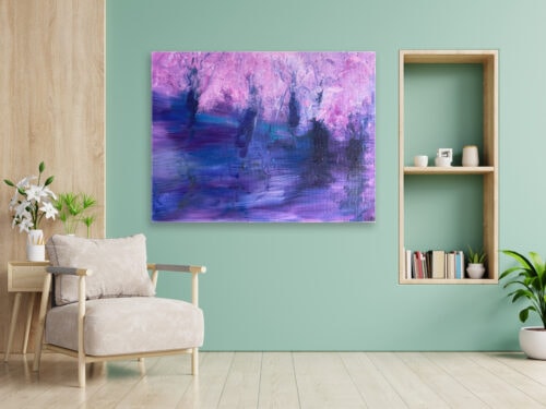 Lebendige, farbenfrohe Malerei einer blühenden Kirschbaumallee in Aquarelltechnik, ideal für Wanddekorationen und Auftragsmalerei, im Tageslicht in einem modernen Wohnzimmer präsentiert.