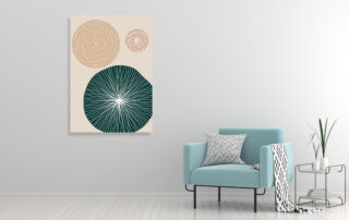 Abstrakte geometrische Malerei mit Kreisstrukturen, moderne Wandkunst, künstlerische Raumgestaltung, Auftragsmalerei von Nikolaus Kriese, zeitgenössische Kunst für Wohnzimmer.