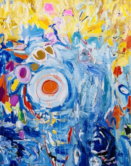 Farbenfrohe abstrakte Malerei mit lebhaften Blüten und dynamischen Pinselstrichen, faszinierende Auftragsmalerei von Nikolaus Kriese, moderne Kunstwerke, Original Gemälde, aquarellartige Effekte, starke Farbkompositionen, kreative Wandgestaltung.