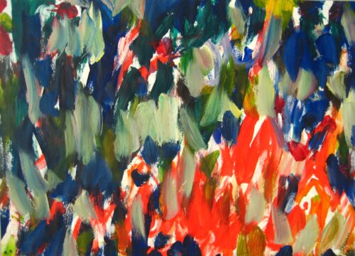 Farbenfrohe abstrakte Acrylmalerei mit lebendigen Pinselstrichen in Blau, Grün, Rot und Orange, geschaffen im Auftrag für individuelle Raumgestaltung, von Nikolaus Kriese.