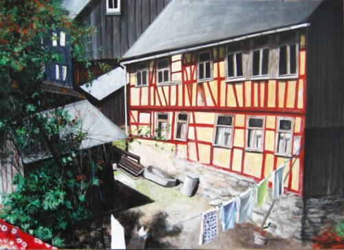 Moderne Kunst Ölgemälde Haus und Hof, 2007, 50 x 70 cm, Acrylfarbe auf Karton