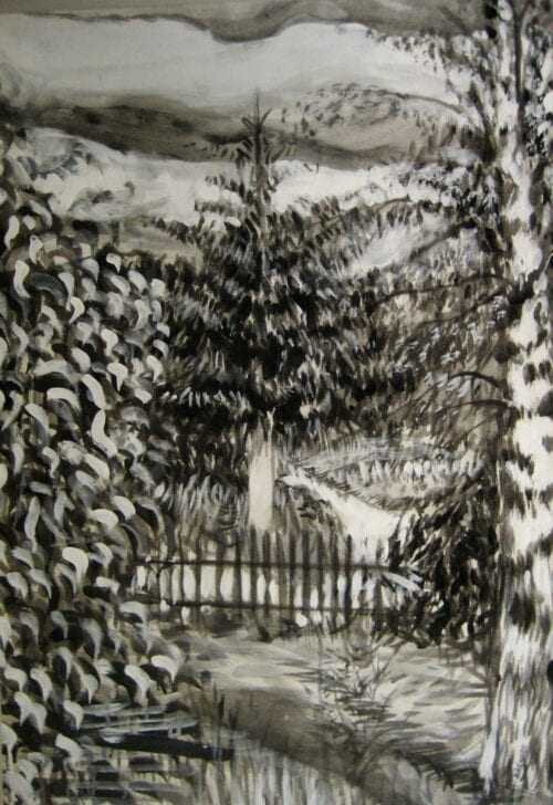 Verwilderter Garten in Schwarzweiß, Aquarellmalerei mit Pflanzen und Zaun, stimmungsvolle Naturkunst, Auftragsmalerei von Nikolaus Kriese.