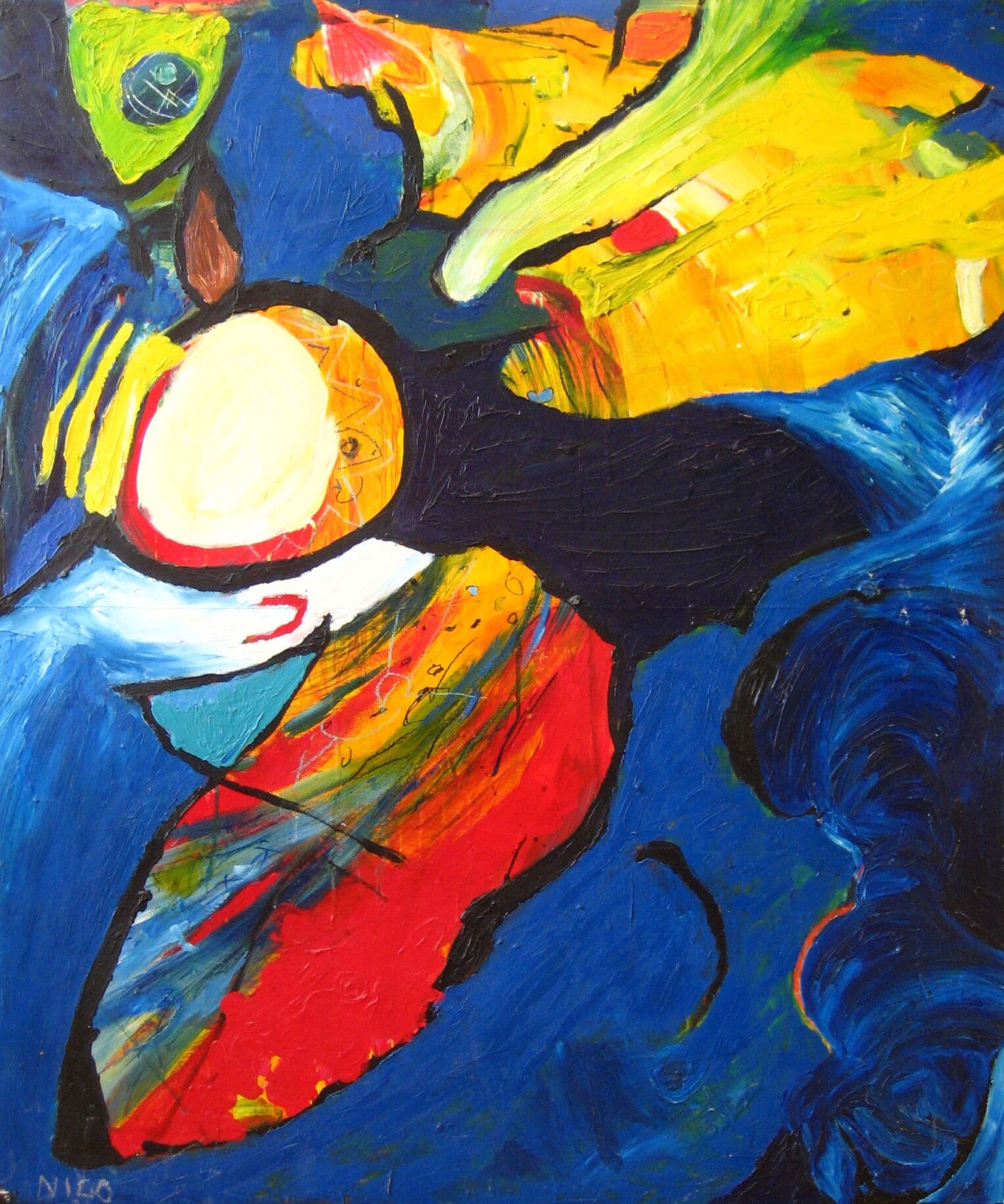 Farbenfrohe abstrakte Malerei mit lebendigen Farben, expressive Pinselstriche und kreative Komposition, perfekt für Originalkunstwerke und Auftragsmalerei von Nikolaus Kriese.