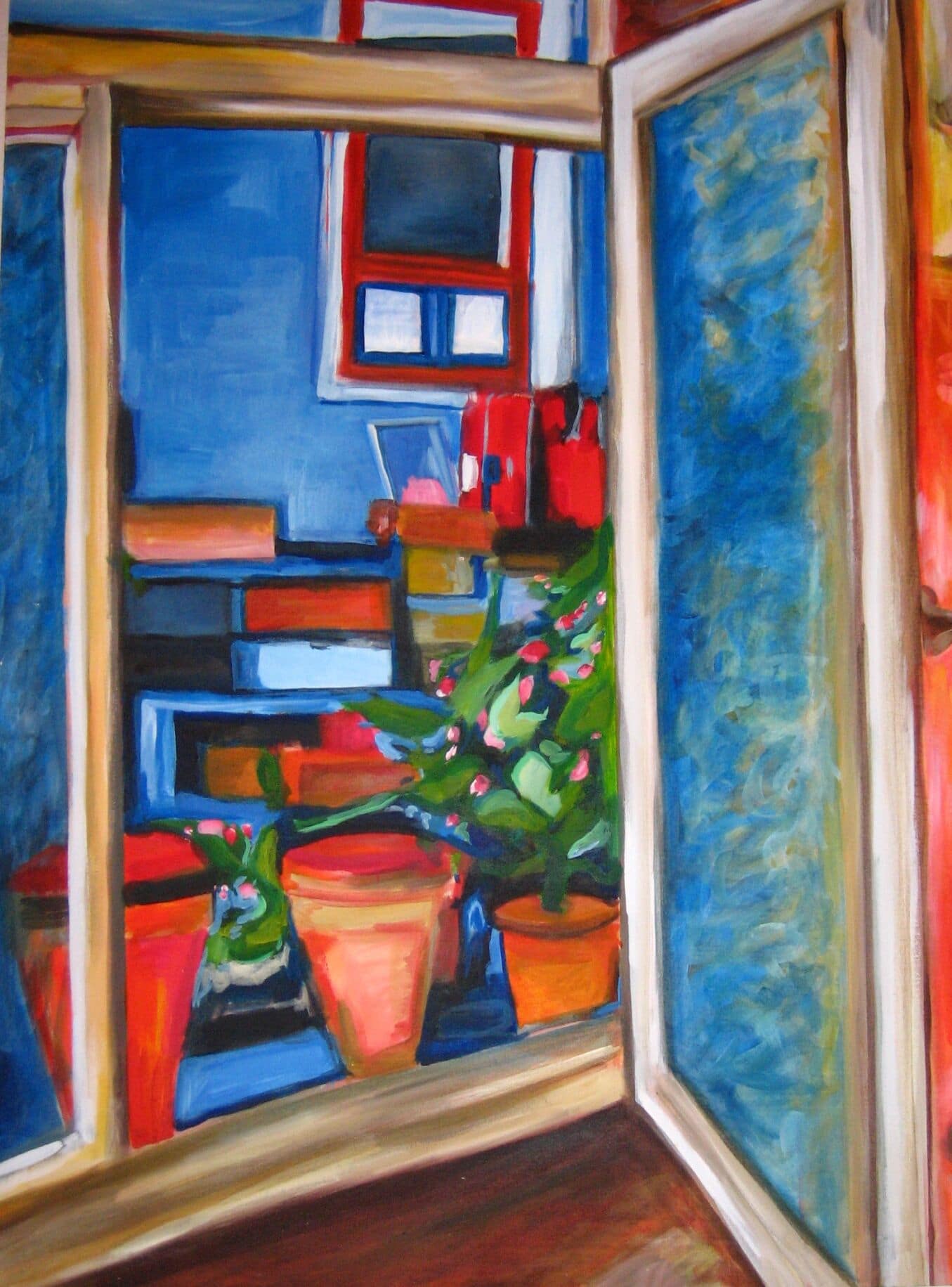 Farbenfrohes Stillleben mit Blumen in Töpfen, sichtbar durch eine offene Fensterfront, im expressiven Malstil von Nikolaus Kriese, der kreative Auftragsmalerei anbietet.