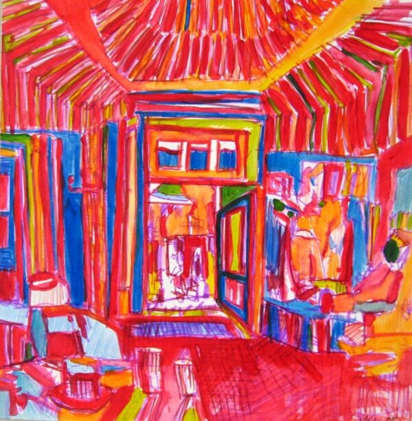 Farbenfrohes Acrylgemälde eines stilisierten Innenraums mit offener Tür, lebendige Pinselstriche in Rot, Blau, Gelb und Pink, künstlerische Interpretation eines modernen, Auftragsmalerei Christian Kriese.