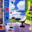Farbenfrohes abstraktes Gemälde mit stilisierten Tischaccessoires, Blauem Himmel im Hintergrund, lebendige Farbkomposition, modernistische Malerei im Stil der Auftragsmalerei Nikolaus Kriese, ideal für Kunstliebhaber und Dekoration.