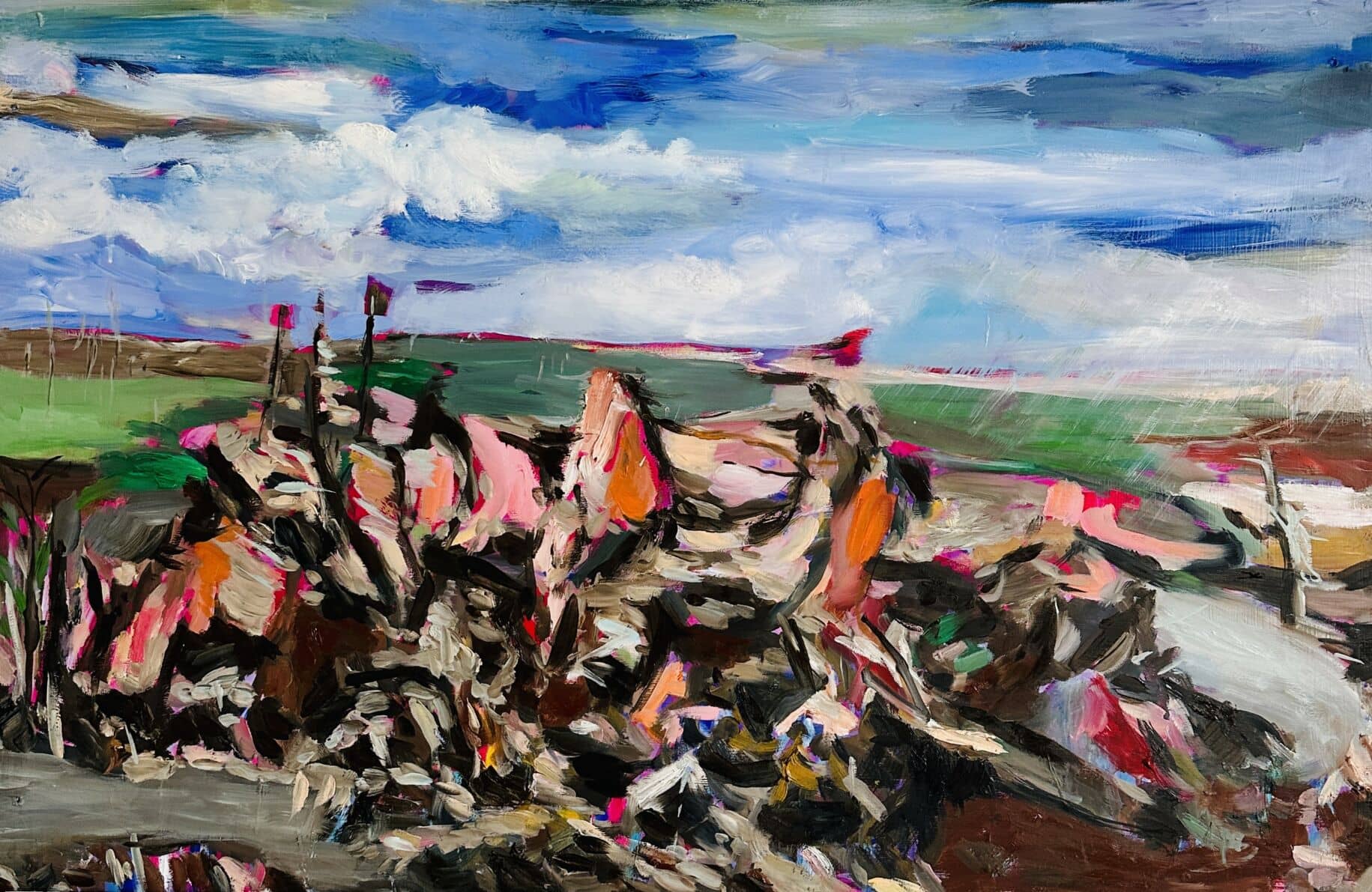 Farbige abstrakte Landschaftsmalerei mit dynamischen Pinselstrichen, Fokus auf Farbkontraste und expressive Ausdruckskraft, ideal für Auftragsmalerei und künstlerische Wandbilder.