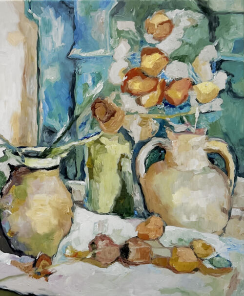 Abstraktes Stillleben mit Blumen und Vasen – zeitgenössische Acrylgemälde 60 x 90 cm