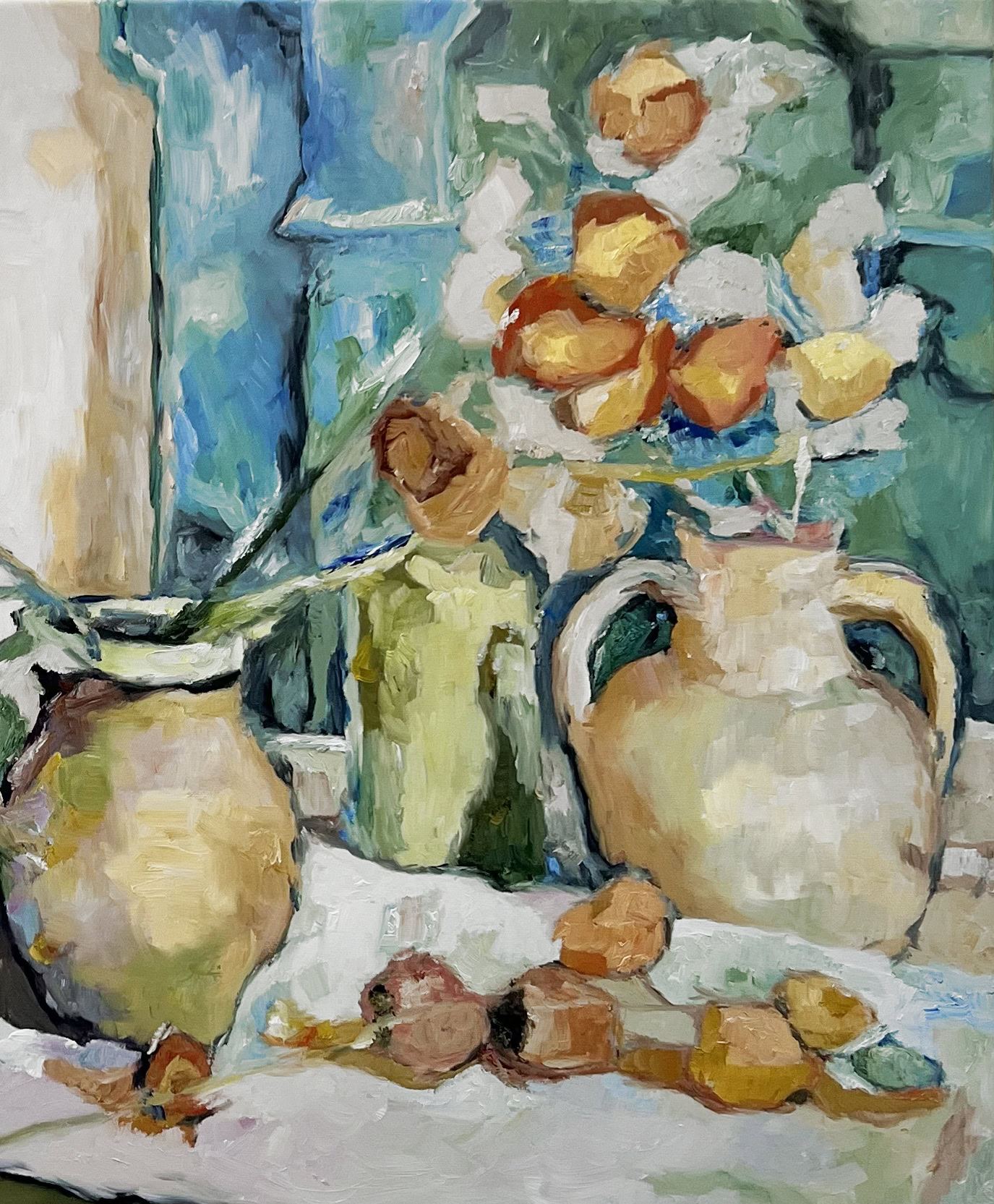 Abstraktes Stillleben mit Blumen und Vasen – zeitgenössische Acrylgemälde 60 x 90 cm