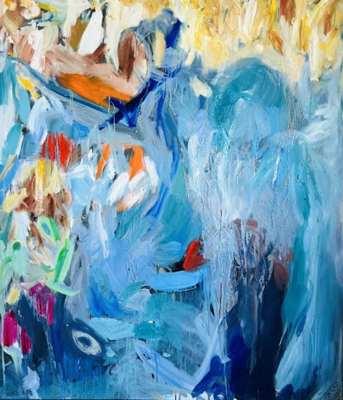 Lebendige abstrakte Malerei mit use von Blau, Orange, Gelb und Rot, geschaffen durch Nikolaus Kriese, spezialisiert auf Auftragsmalerei und künstlerische Wandbilder, perfekt für moderne Kunstliebhaber.
