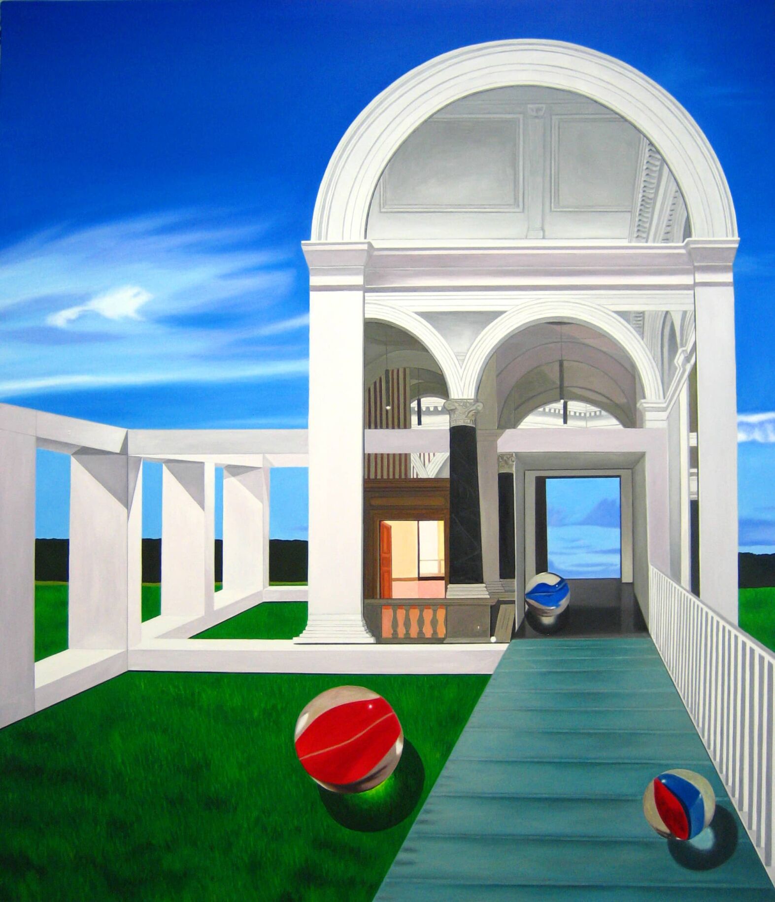 Farbfoto von einer Malerei mit klassischen Architekturdetails, weissen Säulen und einem blauen Himmel, ideal für Auftragsmalerei und künstlerische Wandgestaltung.