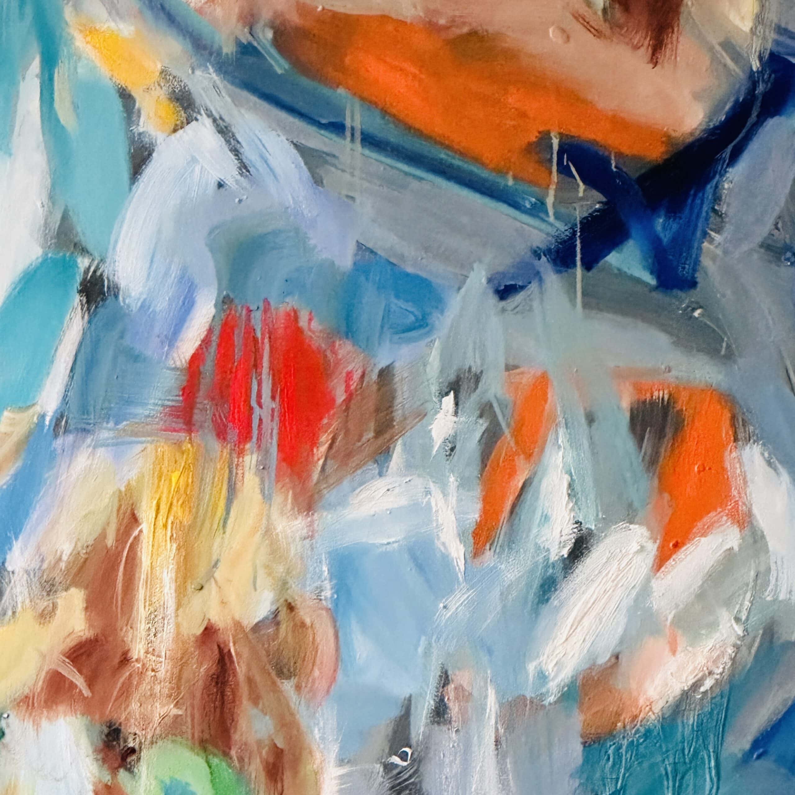 Farbenfrohe abstrakte Malerei mit lebendigen Blau-, Orange- und Rottönen, gemalt von Nikolaus Kriese, ideal für individuelle Auftragsmalerei und Kunstwerke.