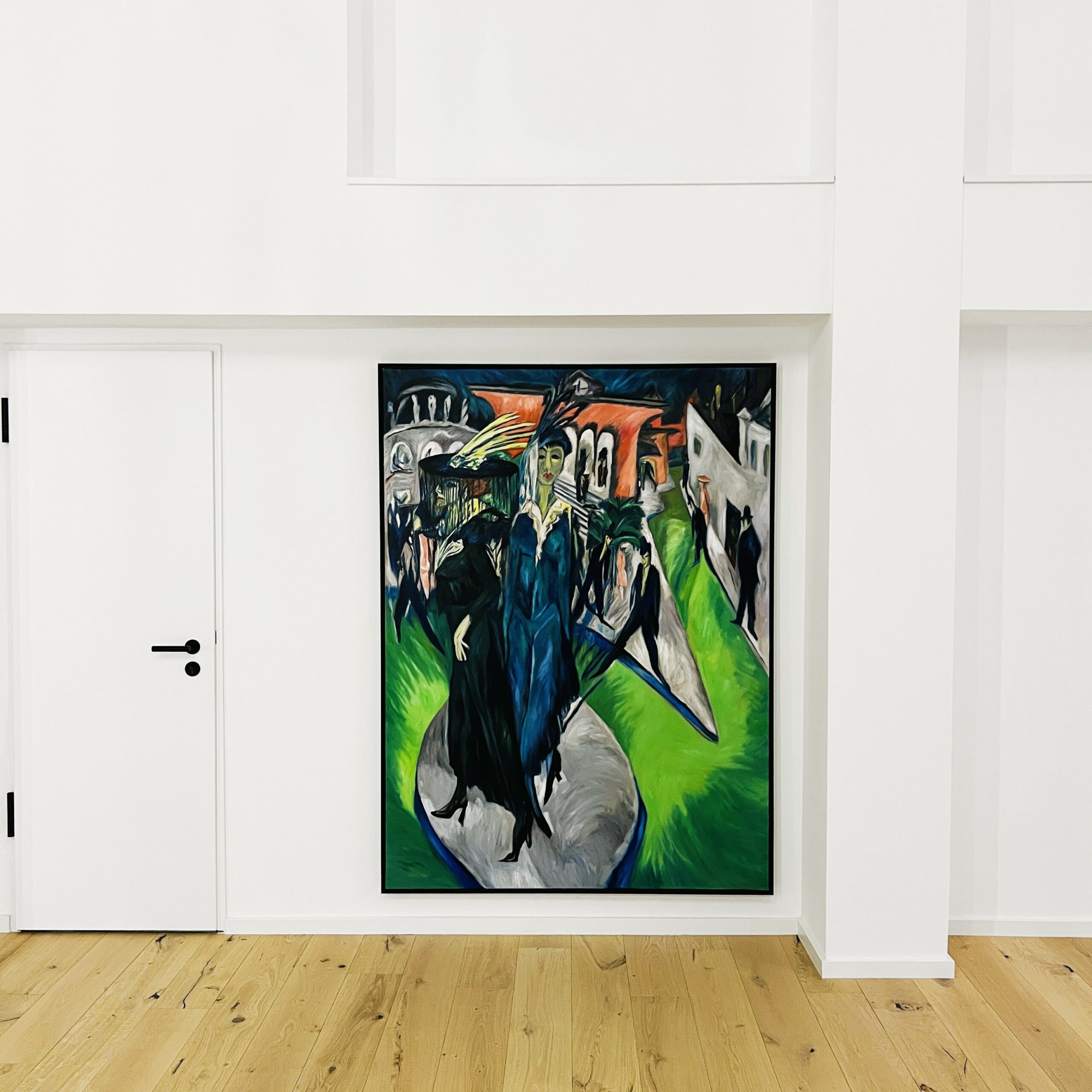 auftragsmalerei ernst-ludwig-kirchner-kunstkopie Farbenfrohes expressionistisches Gemälde von Nikolaus Kriese mit modernen Stadtansichten und Figuren, ideal als Auftragsmalerei für private und gewerbliche Räume, kreative Wandgestaltung.