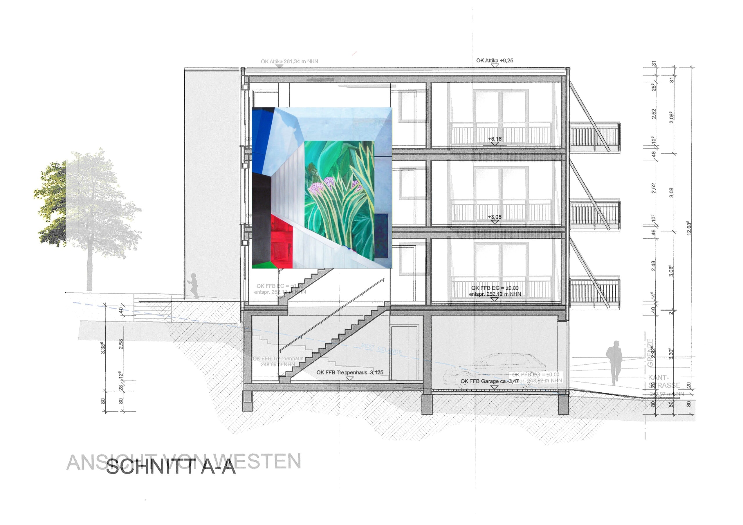 wandmalerei-entwurf-haus-fassade-scaled Farbdarstellung eines geplanten Wandgemäldes an einem Mehrfamilienhaus, Konzeptzeichnung für individuelle Kunstwerke im Außenbereich, Keller und Treppenhaus.