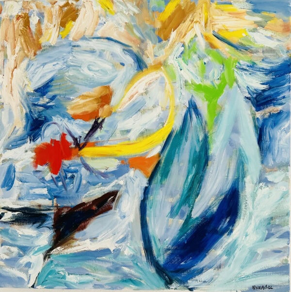 Lebendige abstrakte Malerei mit bunten Farben, dynamischen Pinselstrichen und modernen Kunstelementen, geschaffen von Nikolaus Kriese, spezialisiert auf Auftragsmalerei und individuelle Kunstwerke.