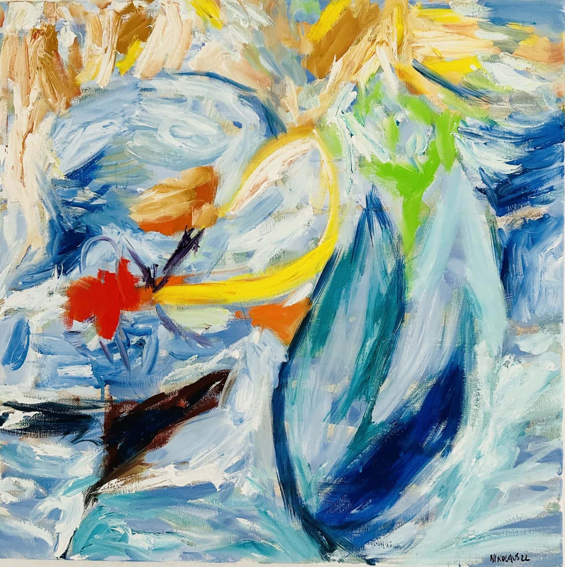 Lebendige abstrakte Malerei mit bunten Farben, dynamischen Pinselstrichen und modernen Kunstelementen, geschaffen von Nikolaus Kriese, spezialisiert auf Auftragsmalerei und individuelle Kunstwerke.
