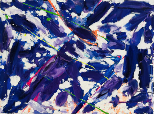 Lebendige abstrakte Acrylmalerei in Blau- und Lila-Tönen mit dynamischen Linien und Farbklecksen, typisch für den Künstler Nikolaus Kriese.