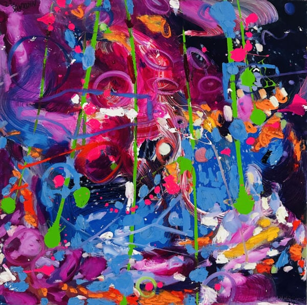 Lebendige abstrakte Acrylmalerei mit bunten Farbklecksen und dynamischen Pinselstrichen, optimal für Auftragsmalerei und Kunstwerke von Nikolaus Kriese.