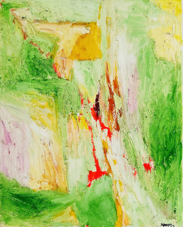 Lebendige abstrakte Acrylmalerei mit grünen, gelben, orangenen und roten Farbtönen, kreative Auftragsmalerei von Nikolaus Kriese, modernes Kunstwerk für Wohn- oder Geschäftsräume.