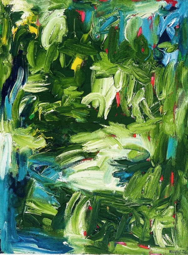Lebendige abstrakte Malerei mit kräftigen Grüntönen, blauen und roten Akzenten, expressive Pinselstriche, modernes Kunstwerk von Nikolaus Kriese, ideal für Kunstliebhaber und Innendekoration.