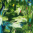 Lebendige abstrakte Malerei mit kräftigen Grüntönen, blauen und roten Akzenten, expressive Pinselstriche, modernes Kunstwerk von Nikolaus Kriese, ideal für Kunstliebhaber und Innendekoration.