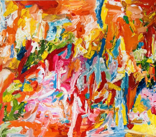 Lebendige abstrakte Malerei mit satten Farben und expressiven Pinselstrichen, ideal für Kunstliebhaber und Auftragsmalerei von Nikolaus Kriese.