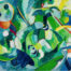 Pittura astratta vivace con toni di colore verde, blu e bianco, incentrata su dipinti creativi a olio o acrilici, ideale per dipinti su commissione e opere d'arte individuali.