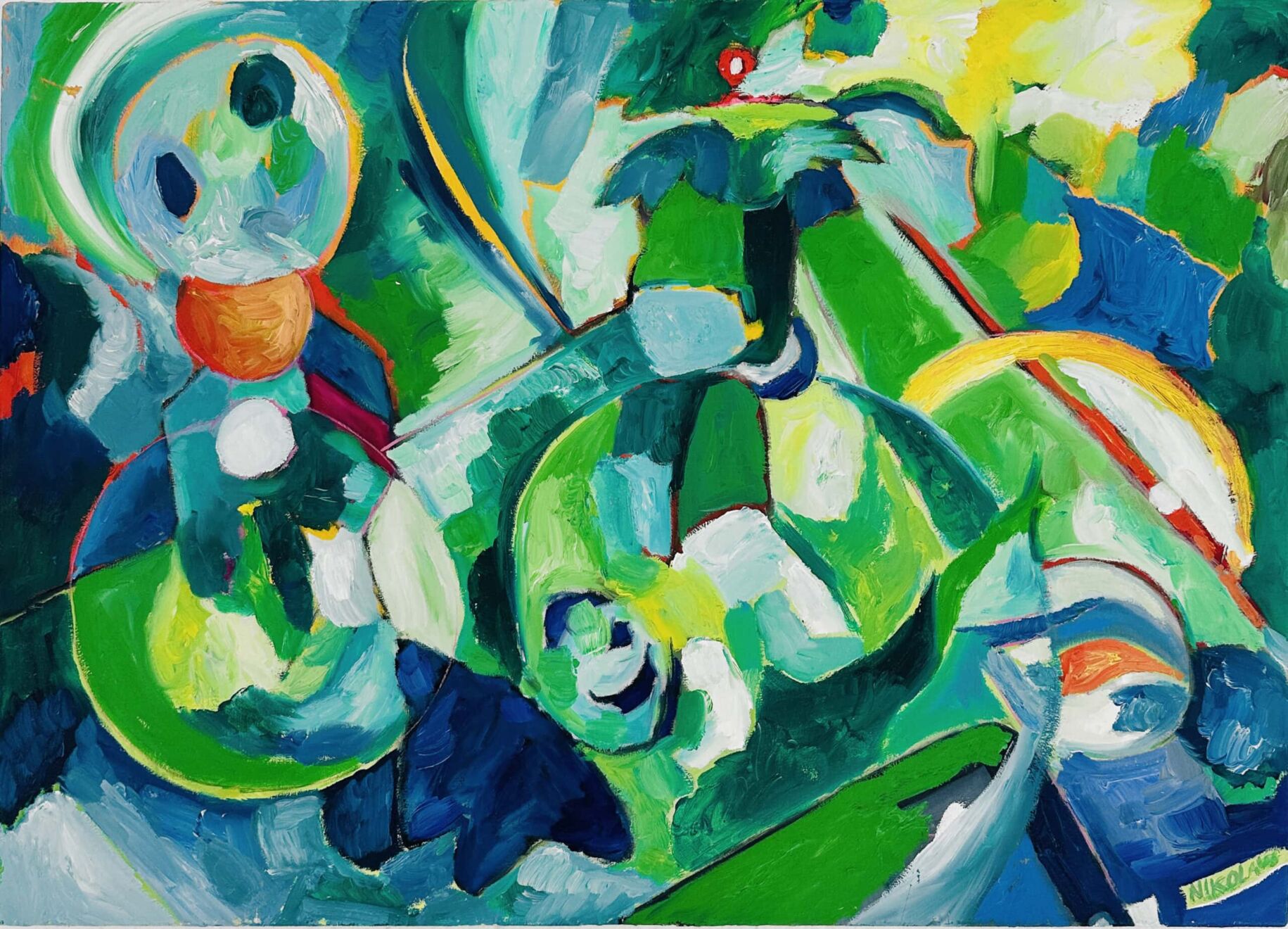 Lebendige abstrakte Malerei mit grünen, blauen und weißen Farbtönen, Schwerpunkt auf kreative Öl- oder Acrylbilder, ideal für Auftragsmalerei und individuelle Kunstwerke.