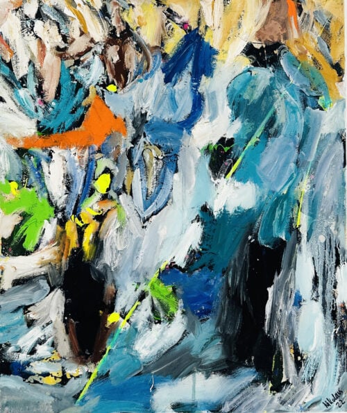 Lebendige abstrakte Malerei mit kräftigen Blau-, Weiß-, Grün- und Orangetönen, die dynamisch auf einer Leinwand gestaltet wurden, perfekt für individuelle Auftragsmalkunst und moderne Wandkunst.
