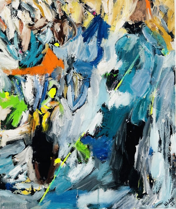 Lebendige abstrakte Malerei mit kräftigen Blau-, Weiß-, Grün- und Orangetönen, die dynamisch auf einer Leinwand gestaltet wurden, perfekt für individuelle Auftragsmalkunst und moderne Wandkunst.