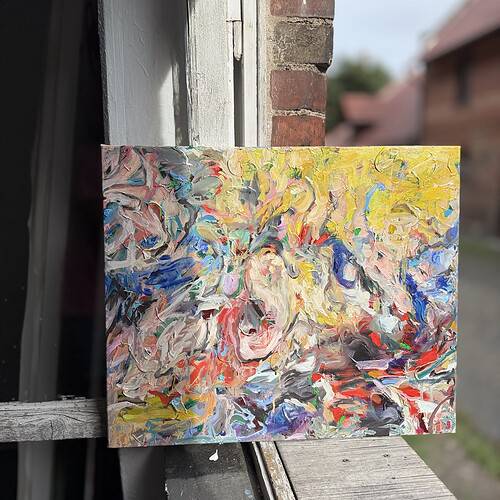 Farbfleckige abstrakte Malerei auf Leinwand von Nikolaus Kriese, künstlerische Wandgestaltung, moderne Auftragskunst, kreative Ölgemälde, individuelle Kunstwerke für Innenräume.