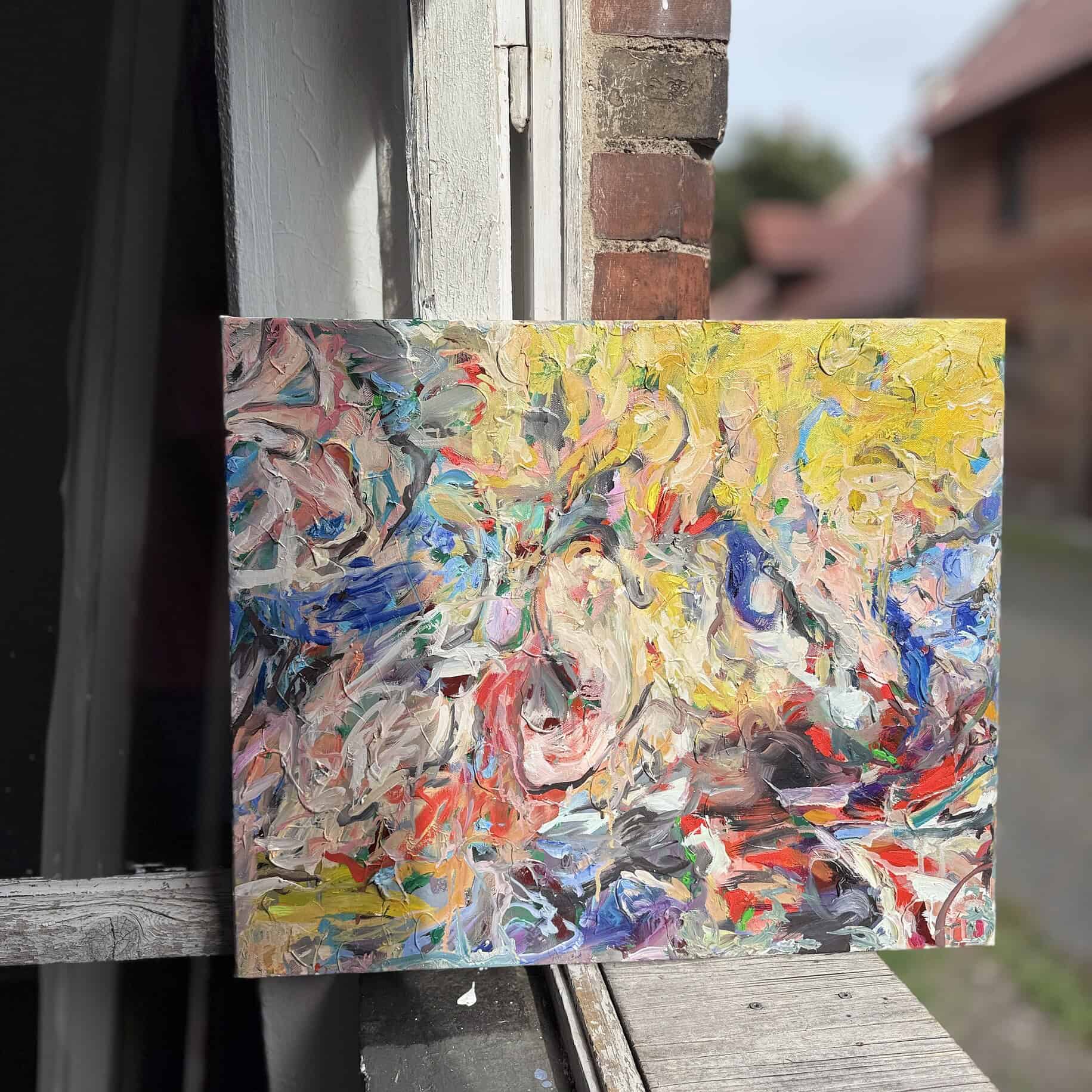 Farbfleckige abstrakte Malerei auf Leinwand von Nikolaus Kriese, künstlerische Wandgestaltung, moderne Auftragskunst, kreative Ölgemälde, individuelle Kunstwerke für Innenräume.