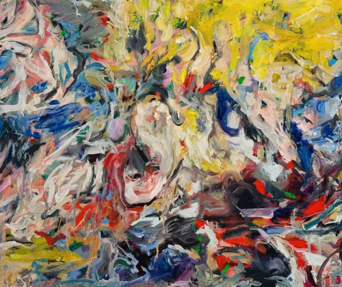 Lebendiges abstraktes Gemälde eines Schädels mit bunten Farbauftrag, typische Malerei & Auftragsmalerei von Nikolaus Kriese, moderne Kunst, expressive Pinselstriche, kreative Wandgestaltung, professioneller Künstler.